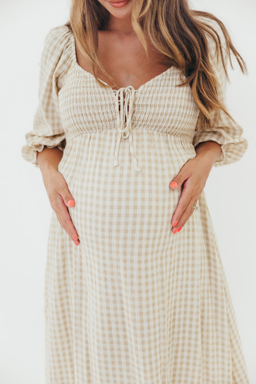 Cecilia 100% Cotton Smocked Maxi Dress in Natural Plaid - Bump Friendly
