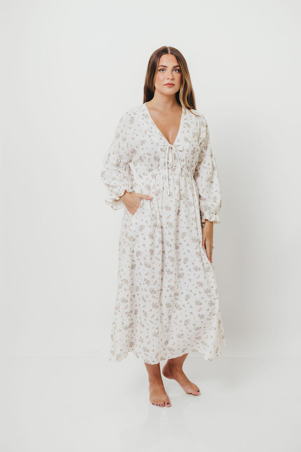 Hunter 100% Cotton Gauze Maxi Dress with Detail Trimming in Ivory Pink Floral - Bump Friendly and Inclusive Sizing