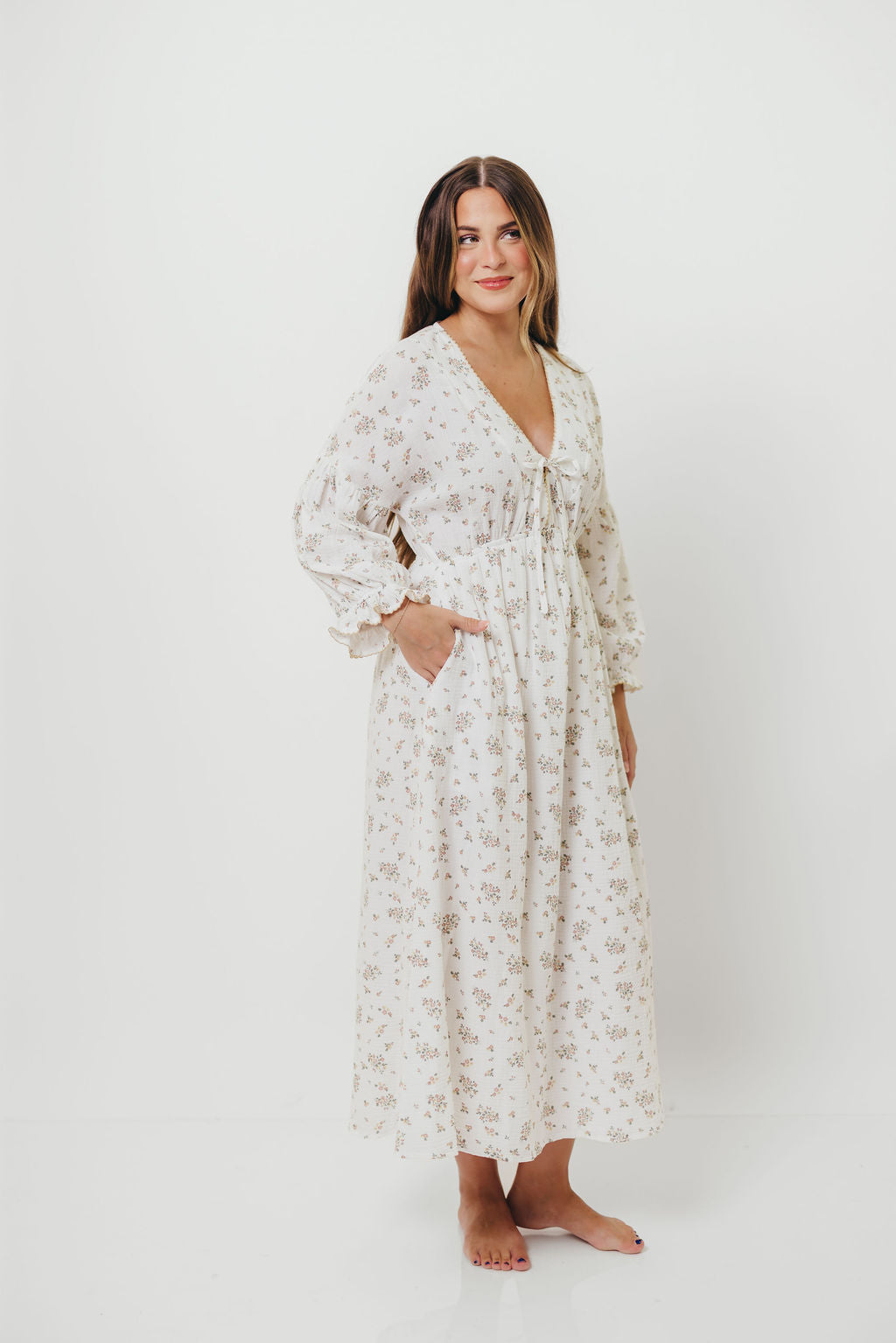 Hunter 100% Cotton Gauze Maxi Dress with Detail Trimming in Ivory Pink Floral - Bump Friendly and Inclusive Sizing