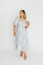 Elena Floral Print Smocked Midi Dress in Blue - Bump Friendly & Inclusive Sizing