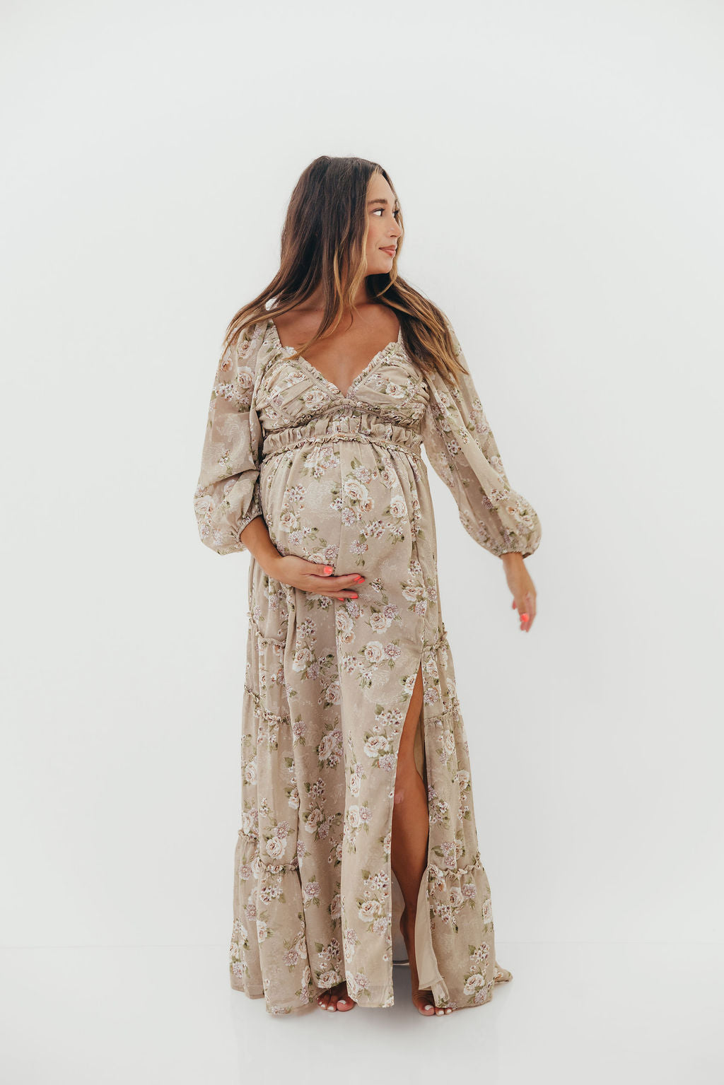 Daphne Long Sleeve Maxi Dress in Beige/Multi Floral - Bump Friendly & Inclusive Sizing (XS-3XL)