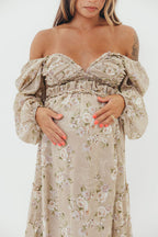 Daphne Long Sleeve Maxi Dress in Beige/Multi Floral - Bump Friendly & Inclusive Sizing (XS-3XL)