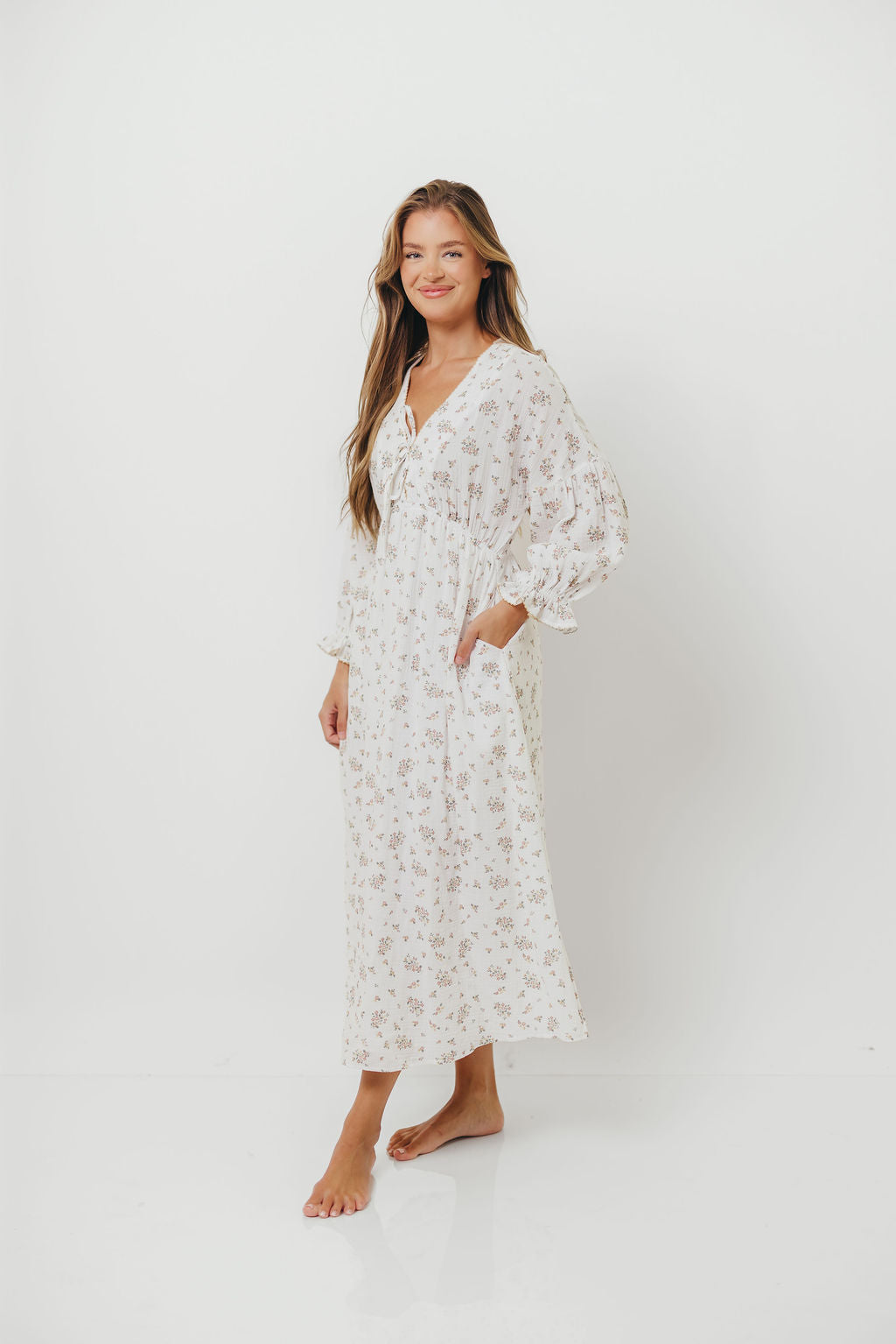 Hunter 100% Cotton Gauze Maxi Dress with Detail Trimming in Ivory Pink Floral - Bump Friendly and Inclusive Sizing