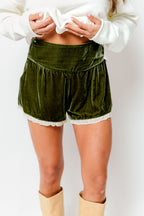 Irina Velvet High-Waist Lace Trim Shorts in Khaki Green