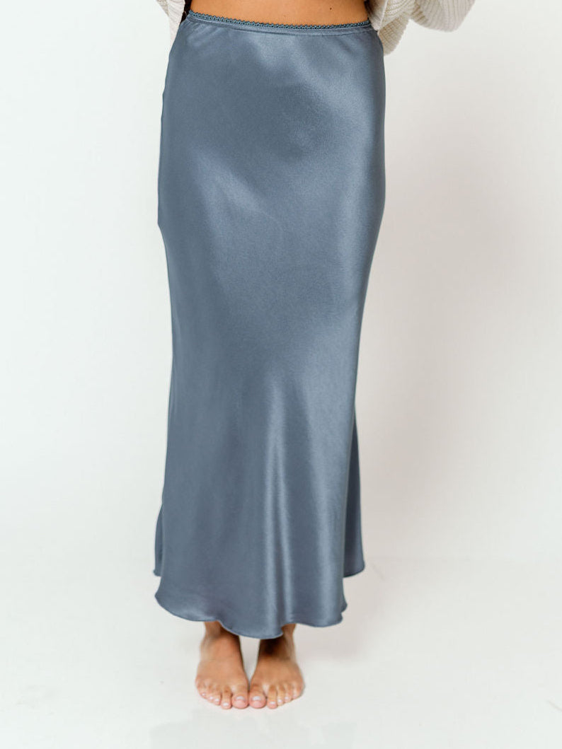 Shania Satin Slip Skirt in Slate Blue