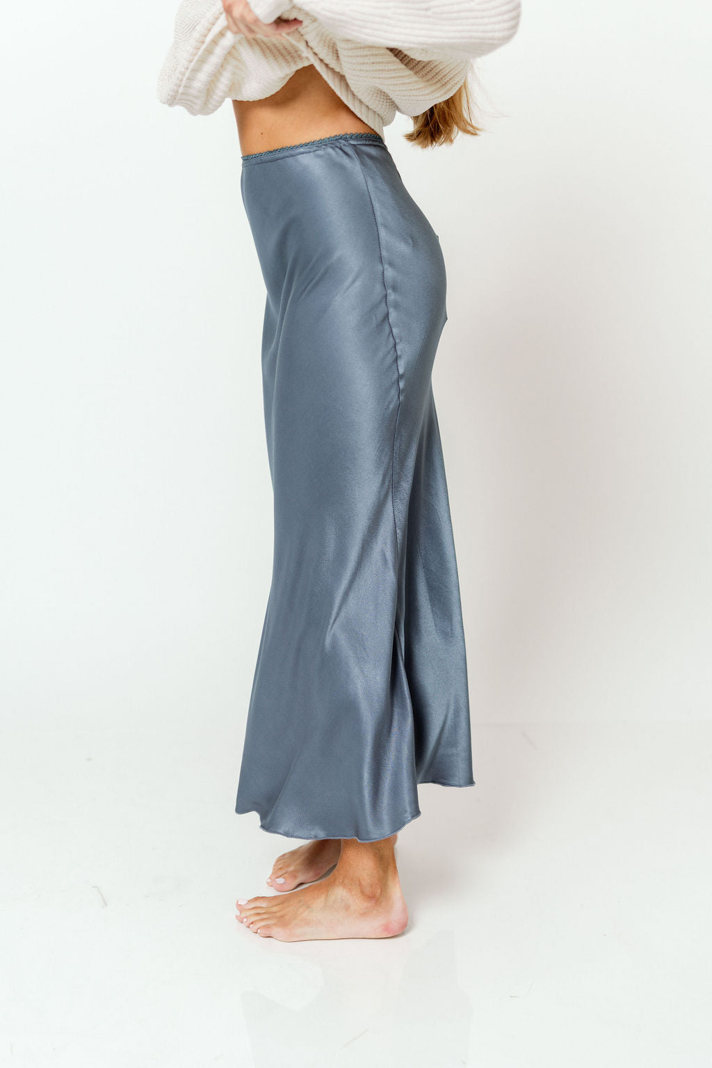 Shania Satin Slip Skirt in Slate Blue