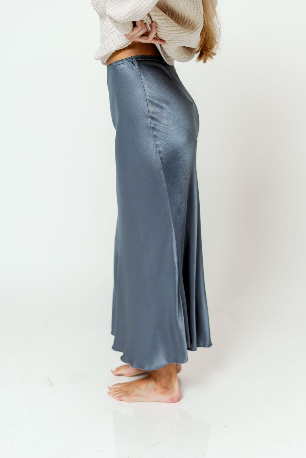 Shania Satin Slip Skirt in Slate Blue