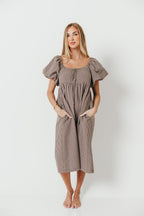 Evelyn Puff Sleeve Gingham Midi Dress in Brown