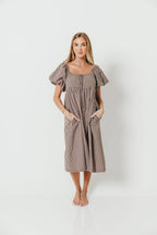Evelyn Puff Sleeve Gingham Midi Dress in Brown
