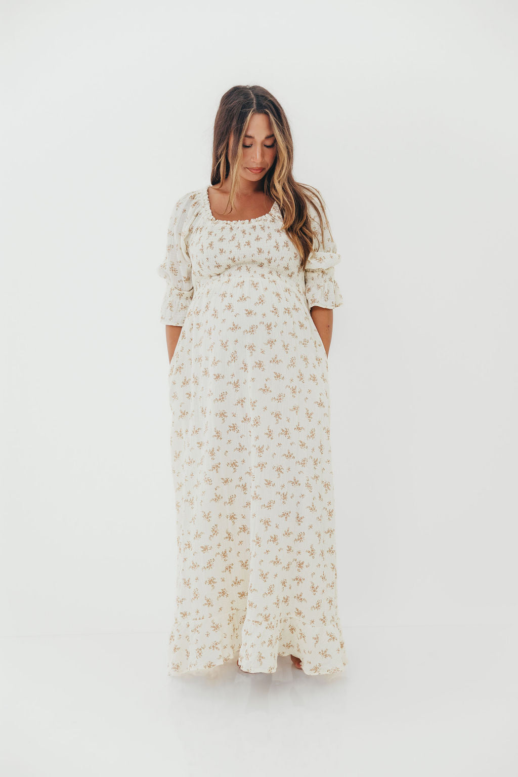 Sienna 100% Cotton Puff Sleeve Maxi Dress in Cream - Bump Friendly