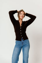 Kayla Fitted Hem Knit Cardigan Top in Brown