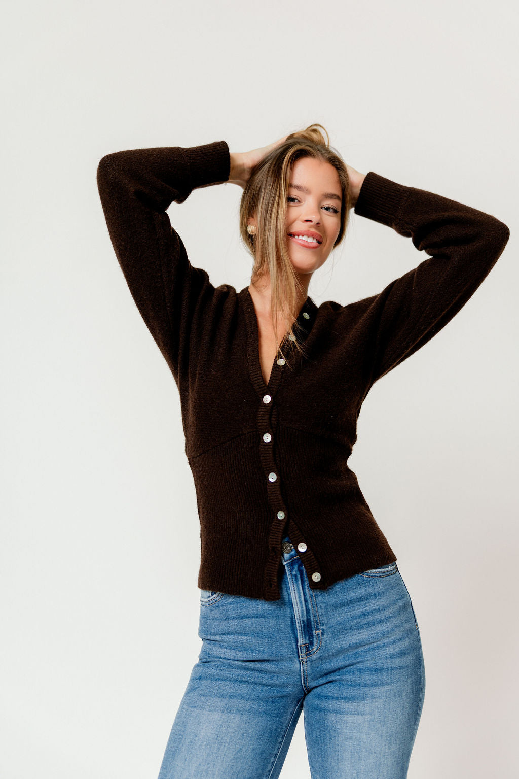 Kayla Fitted Hem Knit Cardigan Top in Brown