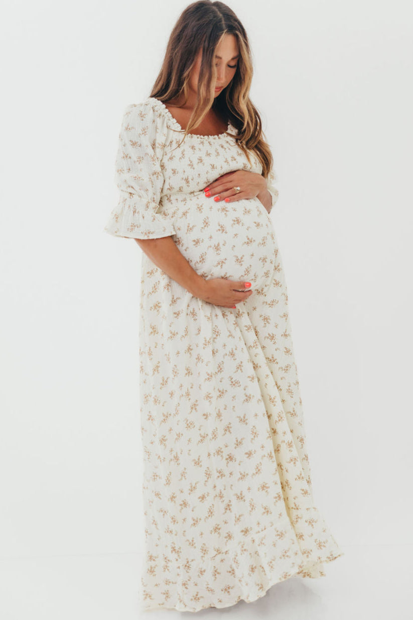 Sienna 100% Cotton Puff Sleeve Maxi Dress in Cream - Bump Friendly