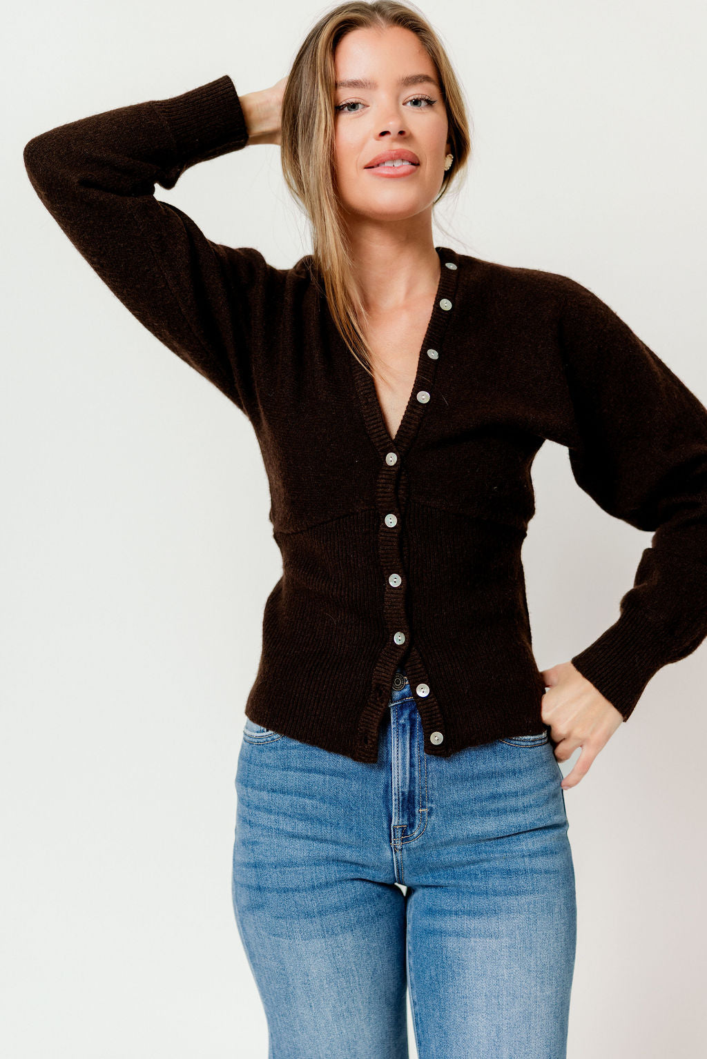 Kayla Fitted Hem Knit Cardigan Top in Brown