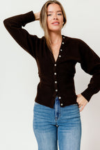 Kayla Fitted Hem Knit Cardigan Top in Brown