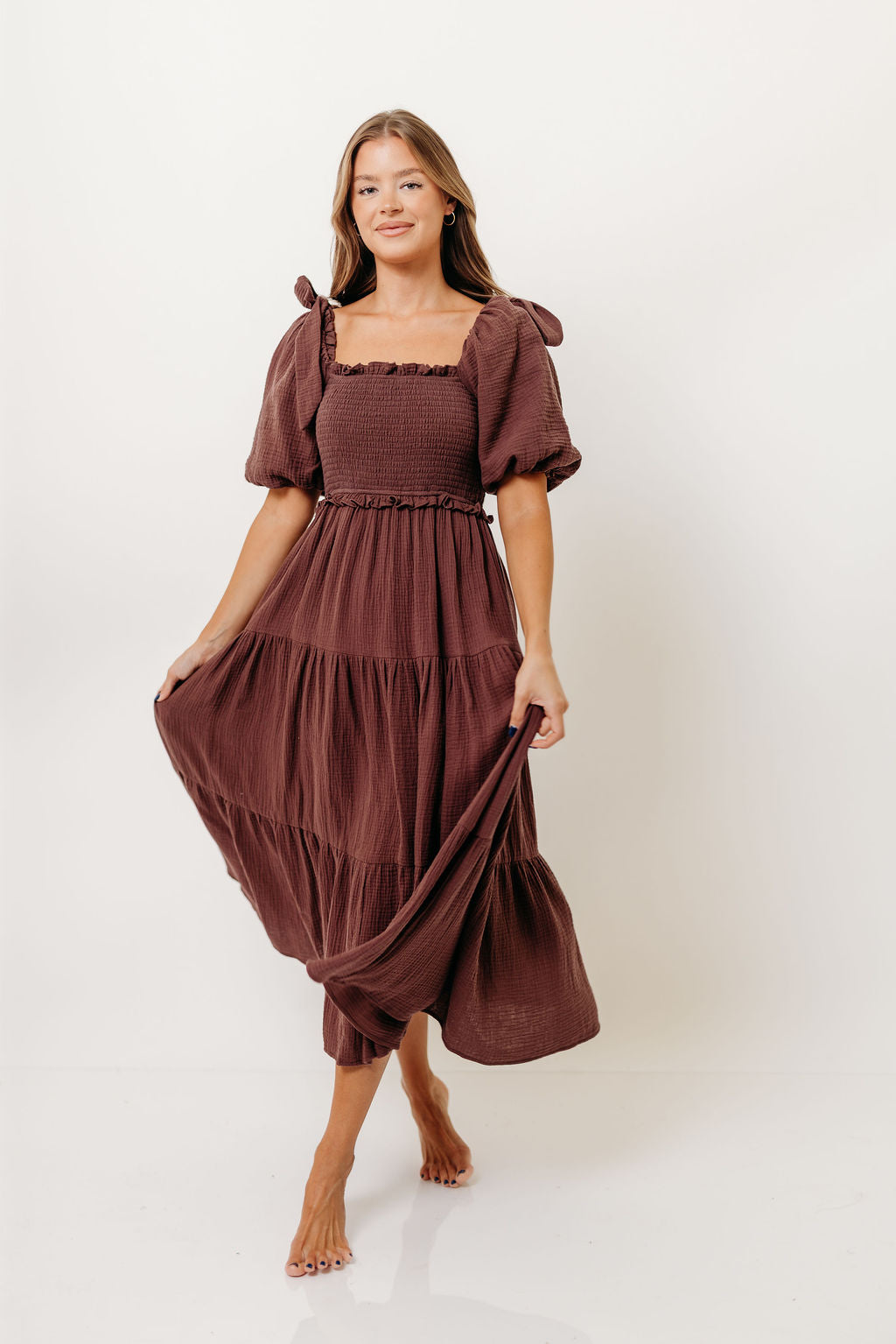 Elena 100% Cotton Midi Dress in Plum
