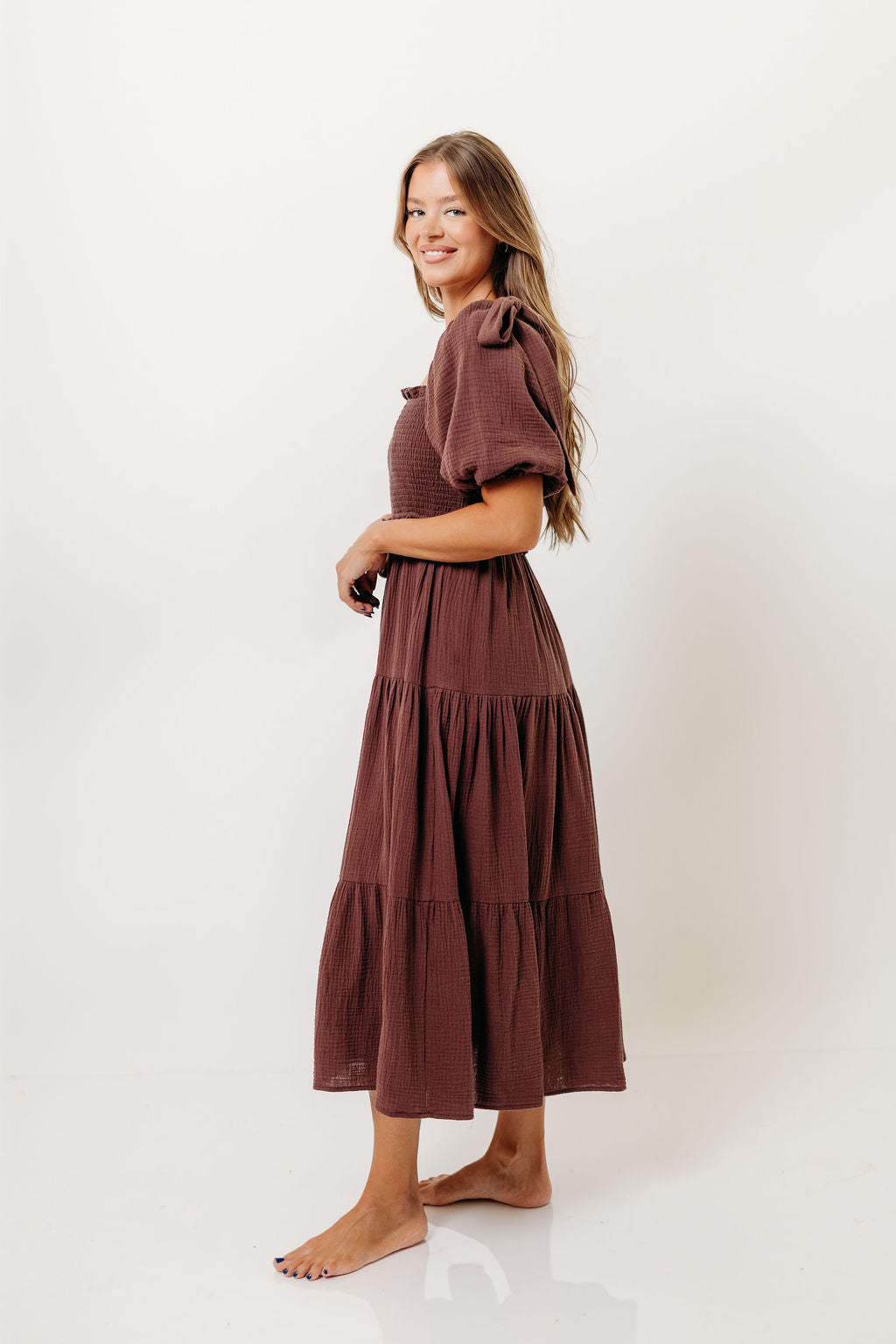 Elena 100% Cotton Midi Dress in Plum