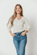 Whittier V-Neck Button Closure Knit Top in Ivory