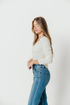 Whittier V-Neck Button Closure Knit Top in Ivory