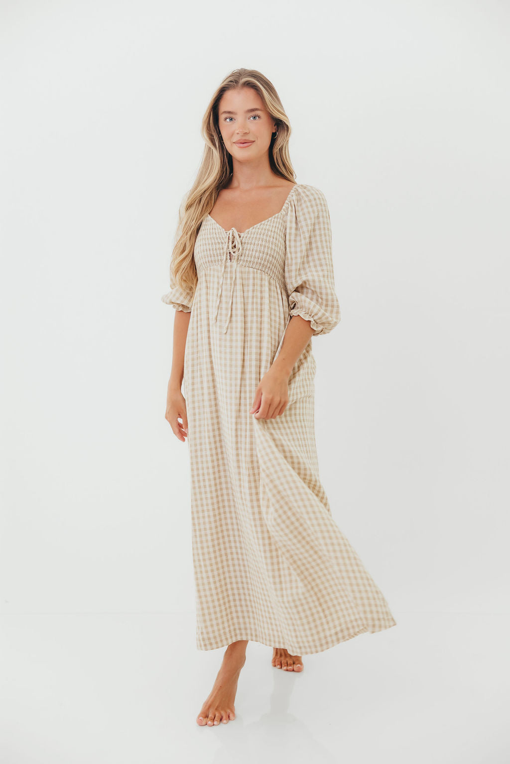 Cecilia 100% Cotton Smocked Maxi Dress in Natural Plaid - Bump Friendly