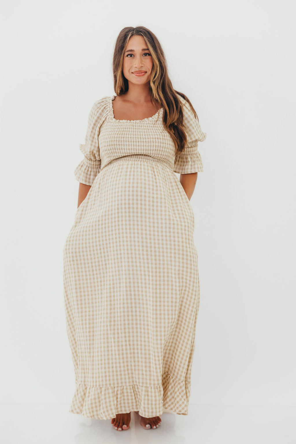 Sienna 100% Cotton Puff Sleeve Maxi Dress in Natural Plaid - Bump Friendly *12/22 PRE-ORDER*