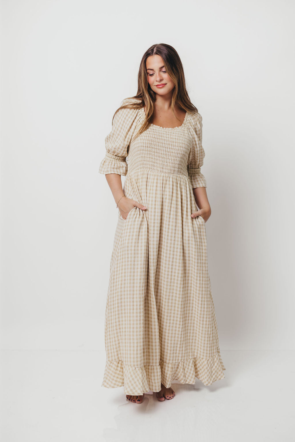 Sienna 100% Cotton Puff Sleeve Maxi Dress in Natural Plaid - Bump Friendly *12/22 PRE-ORDER*