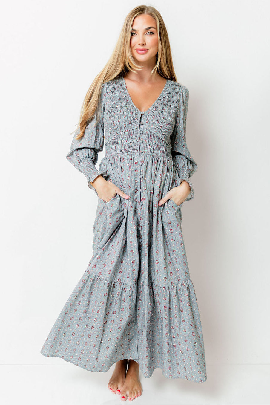 Mercy Cotton Smocked Floral Button Down Maxi Dress in Slate Blue *Final Sale*