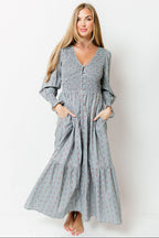 Mercy Cotton Smocked Floral Button Down Maxi Dress in Slate Blue *Final Sale*
