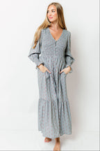 Mercy Cotton Smocked Floral Button Down Maxi Dress in Slate Blue *Final Sale*