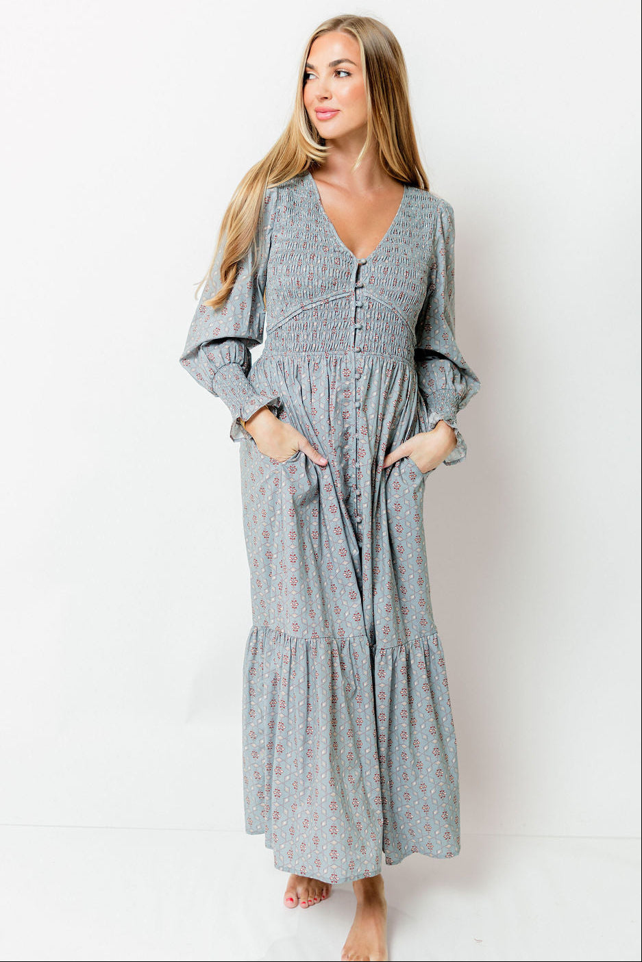 Mercy Cotton Smocked Floral Button Down Maxi Dress in Slate Blue *Final Sale*