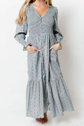 Mercy Cotton Smocked Floral Button Down Maxi Dress in Slate Blue *Final Sale*