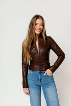 Mallory Fitted Faux Leather Top in Brown