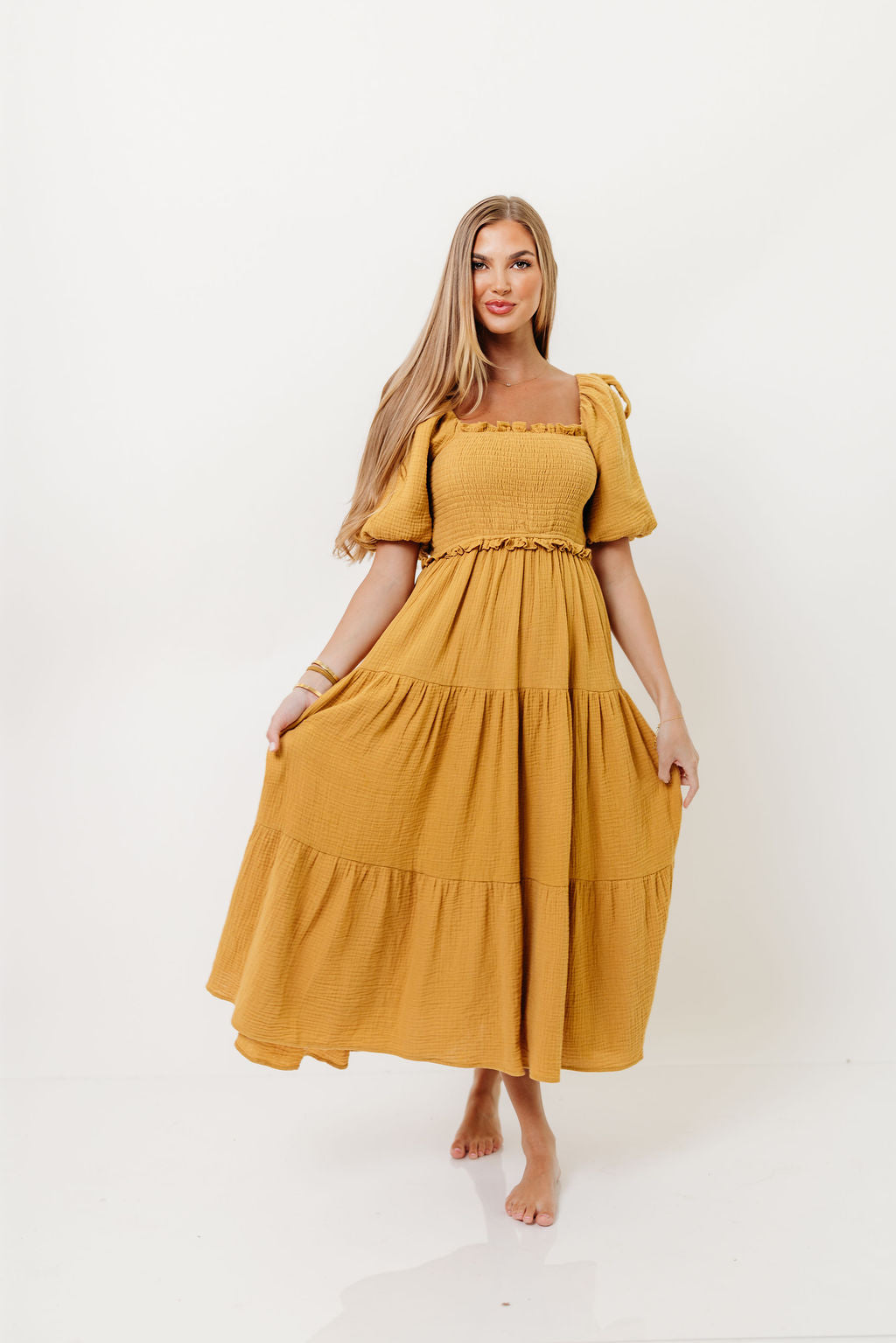 Elena 100% Cotton Midi Dress in Dusty Mustard- Bump Friendly *Final Sale*
