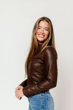 Mallory Fitted Faux Leather Top in Brown