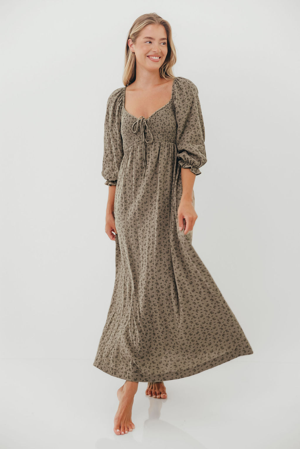 Cecilia 100% Cotton Smocked Maxi Dress in Olive Foliage - Bump Friendly