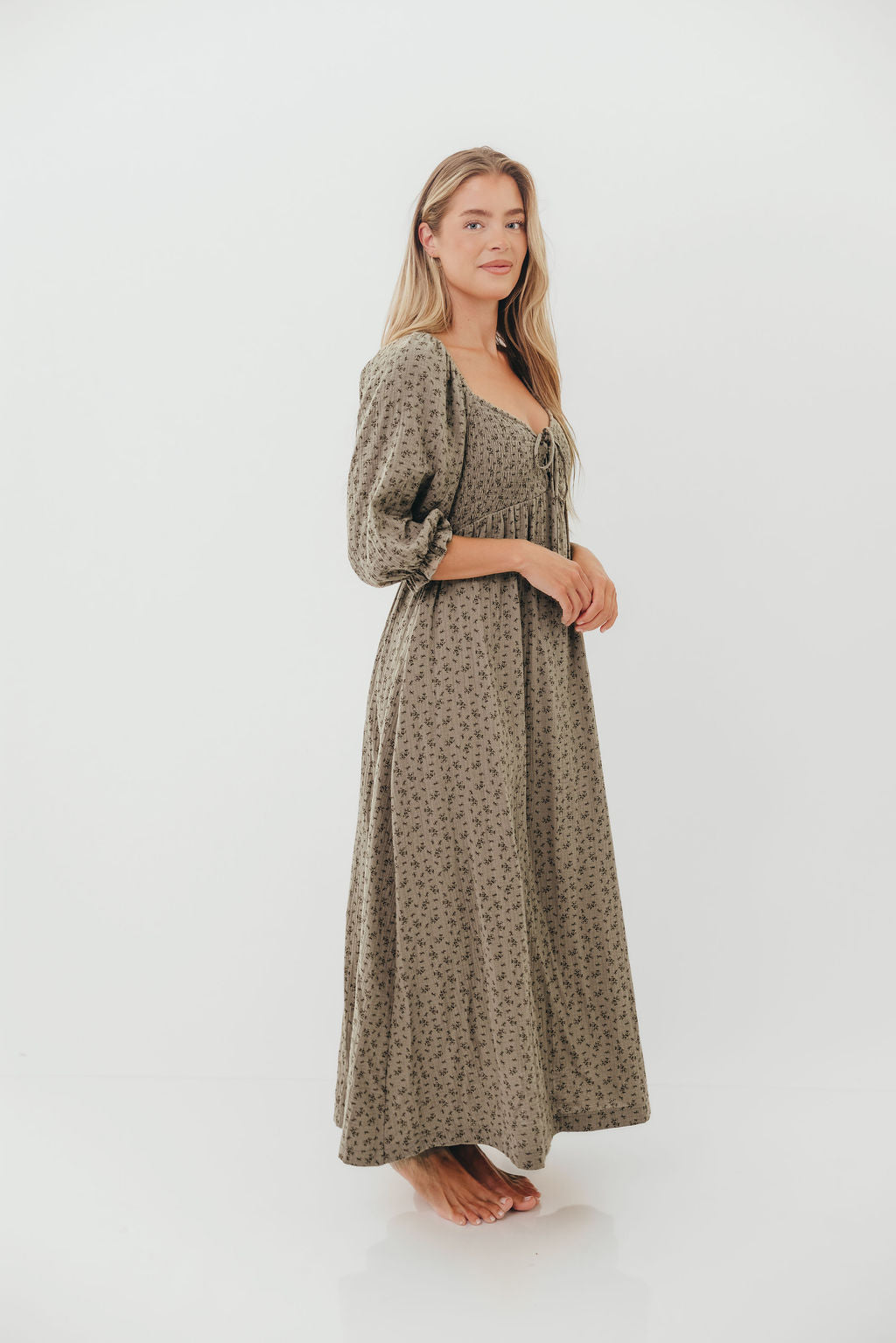 Cecilia 100% Cotton Smocked Maxi Dress in Olive Foliage - Bump Friendly