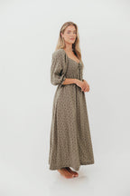 Cecilia 100% Cotton Smocked Maxi Dress in Olive Foliage - Bump Friendly