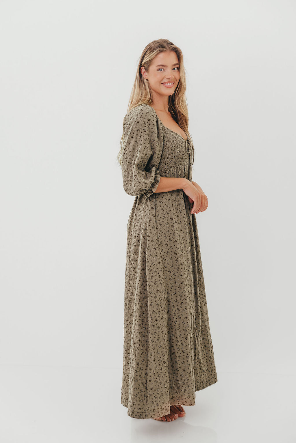 Cecilia 100% Cotton Smocked Maxi Dress in Olive Foliage - Bump Friendly