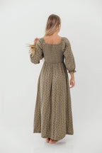 Cecilia 100% Cotton Smocked Maxi Dress in Olive Foliage - Bump Friendly