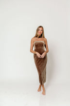 Ciara Halter Neck Velvet Tube Midi Dress in Mocha Mousse