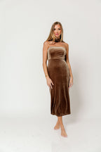 Ciara Halter Neck Velvet Tube Midi Dress in Mocha Mousse