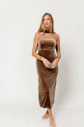 Ciara Halter Neck Velvet Tube Midi Dress in Mocha Mousse