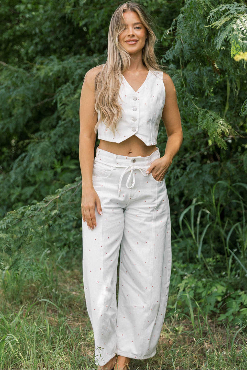 Parton Mini Bow Print Waist Tie Detail Washed Barrel Jeans in Off White *Final-Sale*