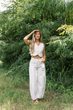 Parton Mini Bow Print Waist Tie Detail Washed Barrel Jeans in Off White *Final-Sale*