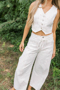 Parton Mini Bow Print Waist Tie Detail Washed Barrel Jeans in Off White *Final-Sale*