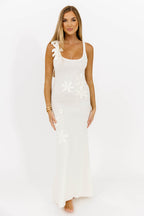 Elysian 3D Flower Applique Detailed Sweater Maxi Dress in Cream