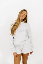 WORTH Tone On Tone Embroidered Mockneck Sweatshirt in Pearl Grey
