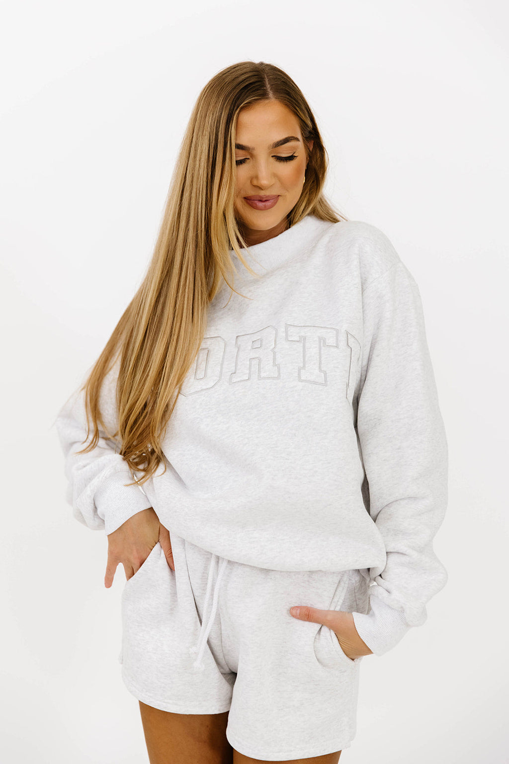 WORTH Tone On Tone Embroidered Mockneck Sweatshirt in Pearl Grey