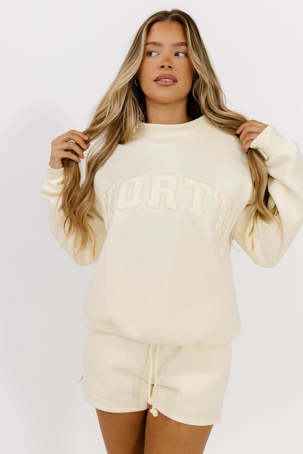 WORTH Tone On Tone Embroidered Mockneck Sweatshirt in Toasted Cream