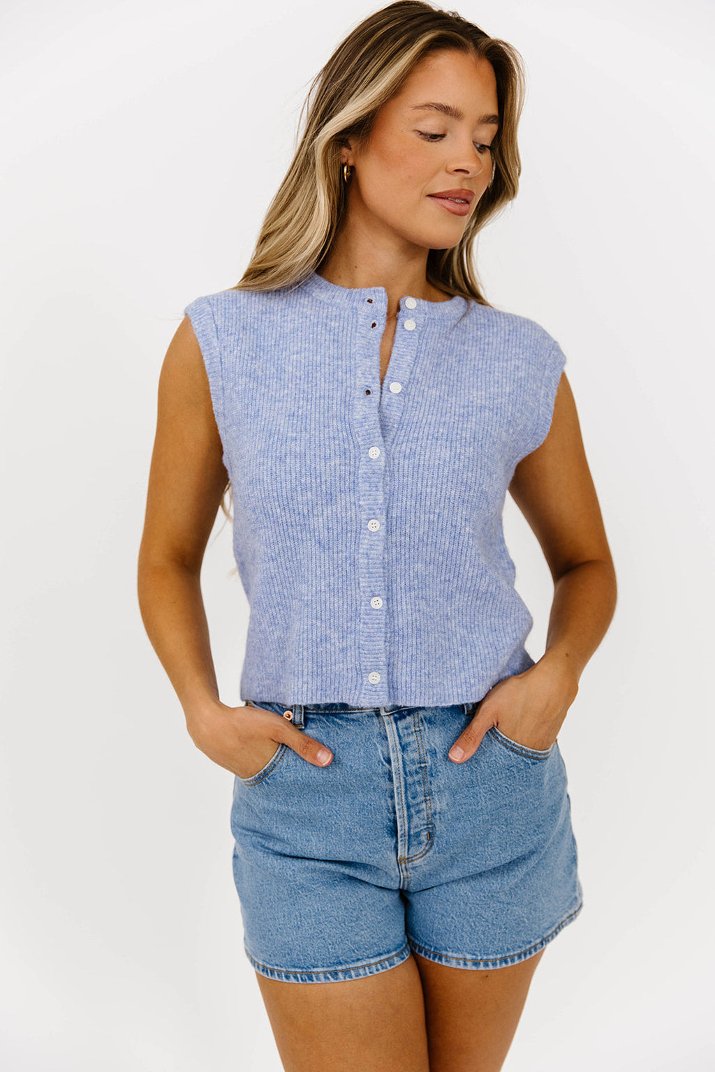 Analeigh Sleeveless Ribbed Knit Vest in Blue